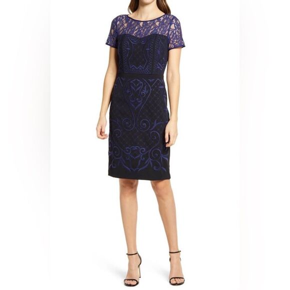 Shani Embroidered Crepe Sheath Dress - Picture 1 of 11